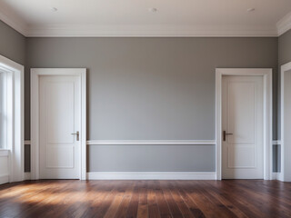Obraz premium Minimalist interior featuring gray walls, rich wooden flooring, and three white-paneled doors with gold hardware. Recessed ceiling lights add modern elegance. Simple and clean design.