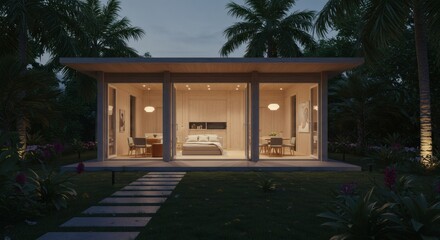 Modern Tropical Bungalow House Exterior at Dusk Palm Trees Minimalist Design