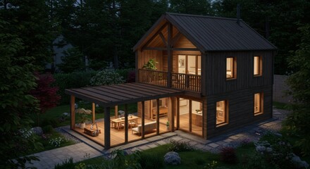 Modern Two Story Wooden House with Pergola at Night Illuminated Exterior and Interior