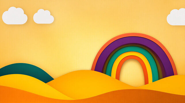 vibrant illustration of giant rainbow arching over rolling hills, featuring warm colors and sunny background. playful design evokes joy and creativity