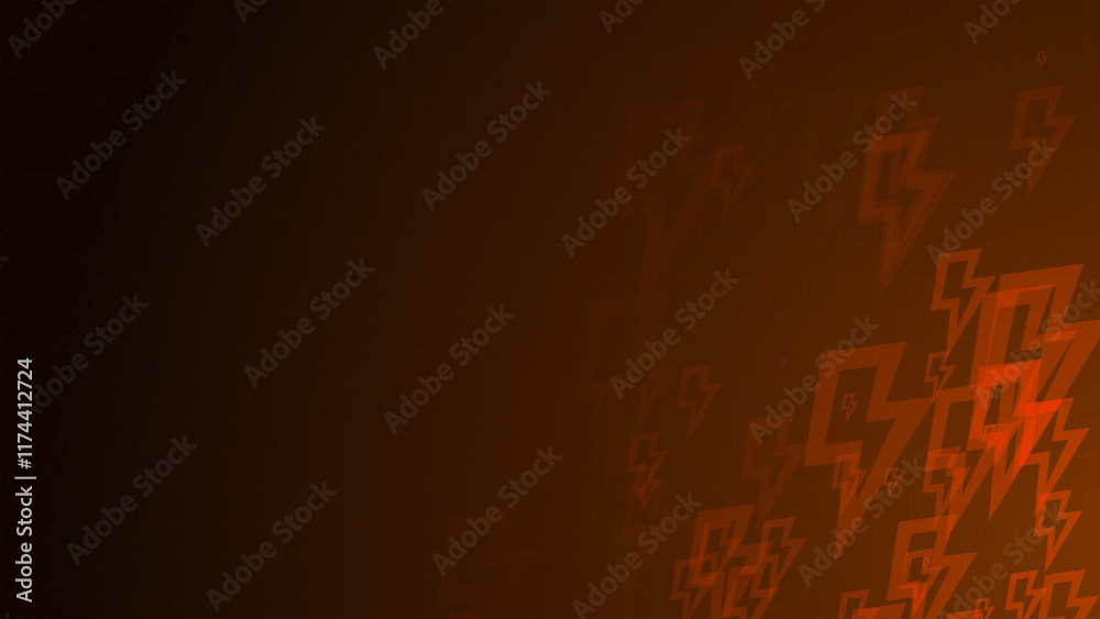 Poster orange thunder shapes are moving from the bottom right of a gradient grid abstract background, horiz