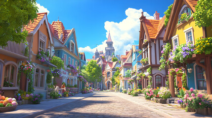 Obraz premium Colorful Flower Laden Street In A Charming European Town