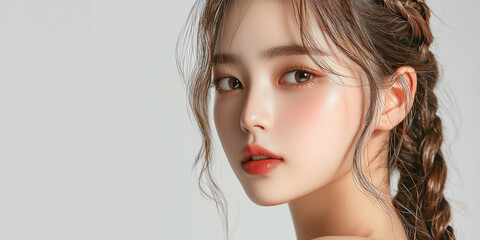 Fototapeta premium Beautiful young woman with braided hair, light background, generative AI
