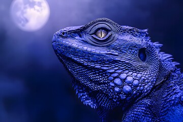 A close-up of a blue lizard under a moonlit sky, showcasing its intricate textures and features.