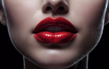 Obraz premium Red Paint dripping, lipgloss drops on lips, bright liquid paint on beautiful model girl`s mouth, black skin. Lipstick. Makeup. Beauty face makeup, close up. Isolated on black background.