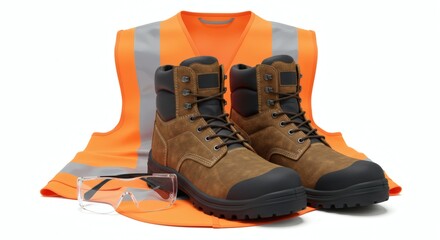 Safety Gear Brown Leather Work Boots Orange High Visibility Vest and Protective Glasses