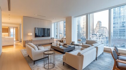 Fototapeta premium Modern luxury apartment living room with city view, featuring beige sofas, large windows, and hardwood floors.