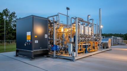 Industrial Gas Processing Equipment at Dusk with Brightly Lit Pipes, Valves, and Machinery in Modern Facility Environment Highlighting Energy Solutions