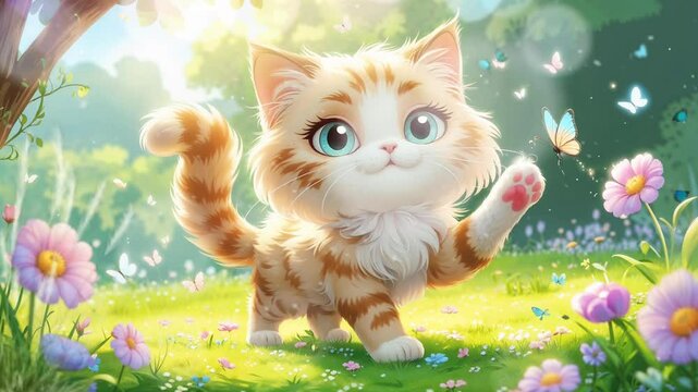 A cat playing in the garden, with butterflies, smooth looping video with 4K animation 