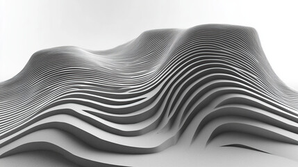 Modern abstract artwork showing a grayscale landscape with smooth, undulating topography
