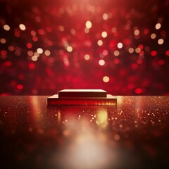 ボケライト付赤背景に金色の重なる二つの四角い展示台がある正方形バナー