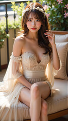 バルコニーの柔らかな日差しの中、アイボリーとゴールドのレースドレスをまとった女性が優雅に座る。繊細なシースルースリーブとオフショルダーがロマンティックな雰囲気を演出し、髪には小さな白い花のアクセサリーが飾られ、ナチュラルでエレガントな魅力が際立つ。