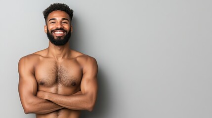 Confident Man Showcasing Sculpted Abs After Liposuction with Bright Smile Against Gray Background