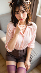 ピンクのブラウスとブラウンのショートパンツを着た女性が、ソファに座りながら口元に指を添えて可愛らしく微笑む。太ももまでの透け感のある紫のストッキングが個性的で、カジュアルながらもフェミニンな雰囲気を演出。ナチュラルな光が室内を優しく照らし、リラックスした雰囲気を引き立てる。
