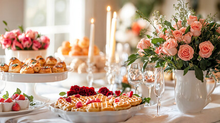 Naklejka premium The image depicts a beautifully set table adorned with various pastries, flowers, and candles, creating a festive and elegant ambiance