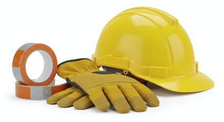 Construction Safety Equipment Yellow Hard Hat Work Gloves and Reflective Tape