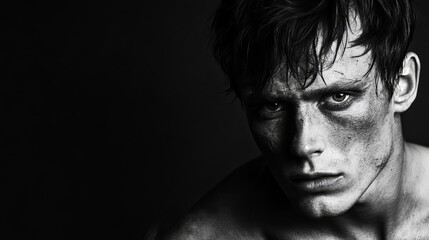 Male Model Undergoing Facial Contouring in Dramatic Black and White Setting