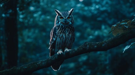 Owl Perched on a Branch at Dusk, Silently Watching Its Surroundings in a Mystical Forest