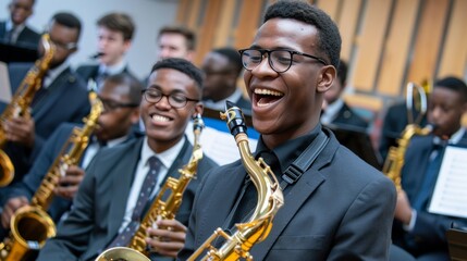 Fototapeta premium Young musicians joyfully rehearsing in a band practice room while tuning their instruments