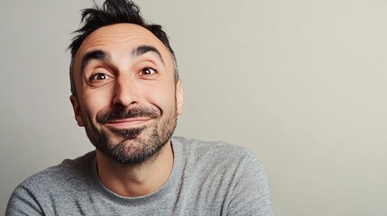 Obraz premium Man Smiling with Sharp Nose after Rhinoplasty in Casual Sweater Against Neutral Background