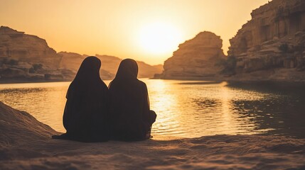Couple Enjoying Sunset Over Scenic Landscape in Middle Eastern Location by Tranquil Water