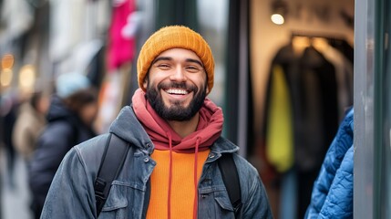 Fototapeta premium Happy Part-Time Worker Greeting Customers Outside a Retail Store in Urban Setting