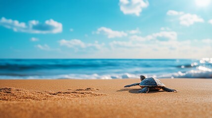 Turtle Crawling Out of the Sea to Lay Eggs on the Sand Under a Bright Blue Sky