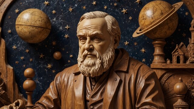 A serene wooden carving of Galileo Galilei, depicted with a telescope and celestial maps, surrounded by carved planets, stars, and astronomy symbols.