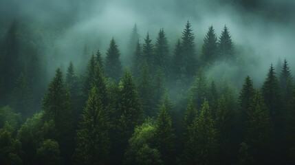 Lush Green Forest with Tall Trees Enveloped in Mist After a Light Rainfall