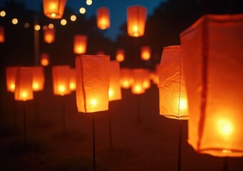 Lanterns illuminate a night sky during a festive celebration in a vibrant outdoor setting