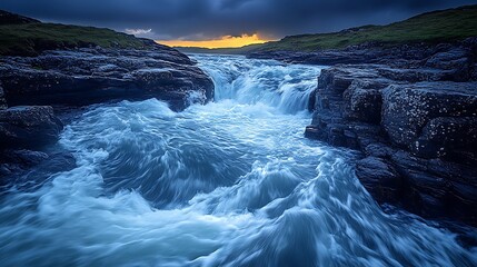 Obraz premium Dramatic sunset over a powerful river flowing through rocky terrain.