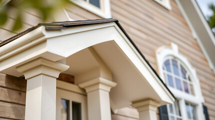 Close-up view of a house's entrance featuring a  cream-colored porch canopy supported by square columns.  The house's siding is light brown wood. A portion of a window is visible in the background.