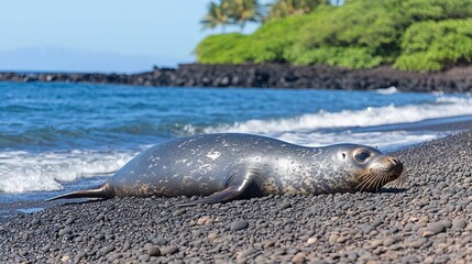 Obraz premium Basking Seal on Rocky Shoreline with Ocean Waves in a Tropical Environment