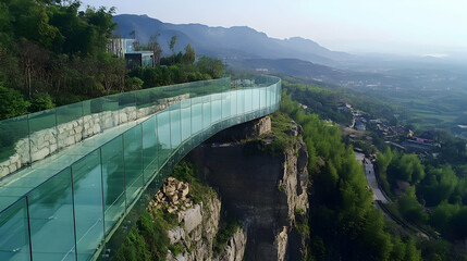 Glass bridge walkway on a mountain cliff, scenic view.