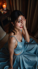 Fototapeta premium 青みがかったサテン生地のドレスをまとい、左目を片手で隠した女性のユニークなポーズ。キャンドルの柔らかな光と温かみのある室内がロマンチックな雰囲気を引き立て、視線を惹きつける構図が特徴的。