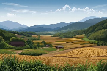 Fototapeta premium Scenic rural landscape with rolling hills, golden fields, vibrant vegetation, and a serene sky in a picturesque countryside setting