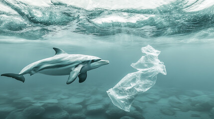 Naklejka premium Marine Animal Ingesting Plastic Waste in Underwater Habitat Highlighting Environmental Impact