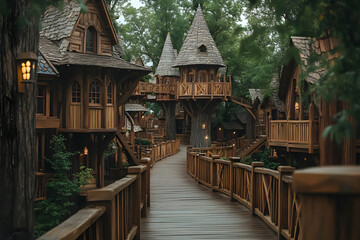 Enchanted treehouse village, fairytale setting, wooden pathway.