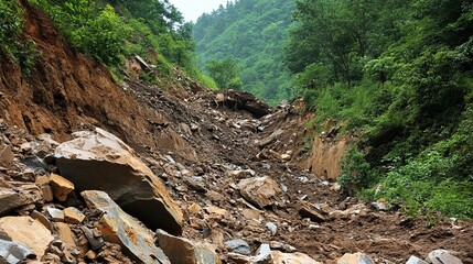 Fototapeta premium Dramatic Landslide Scene in Mountainous Terrain with Mud and Debris on a Rainy Day