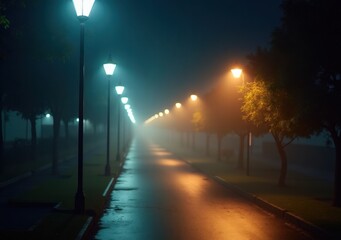 Mysterious foggy night walk with glowing street lamps in a quiet park