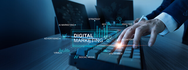 .Digital marketing technology, AI marketing, Internet advertising and sales increase on network, Strategy and planning, Shopping Online, Search Engine Optimisation, SEO. SMM, Business technology.