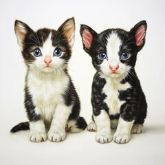 Adorable kittens with striking blue eyes sitting together on a plain background showcasing their playful nature and unique fur patterns
