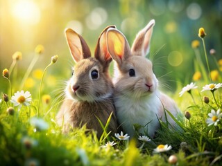 Fototapeta premium Adorable Bunny Pair: White & Brown Rabbits Cuddle in Sunny Meadow