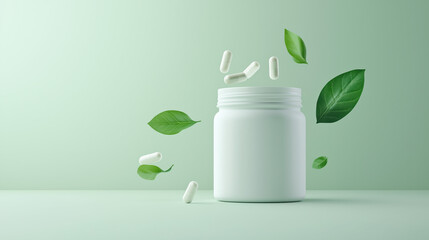 Minimalist White Vitamin Jar with Floating Leaves on Green and White Background.