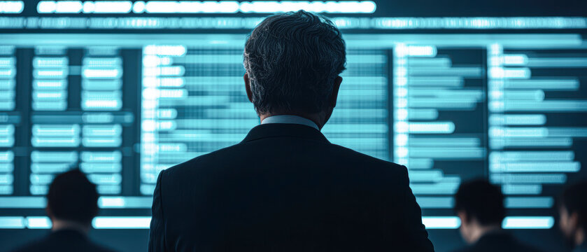 A man in a suit is looking at a computer screen with a lot of numbers and graphs