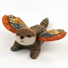 Creative crafted otter with butterfly wings, colorful textile art display showcasing unique design and imaginative character