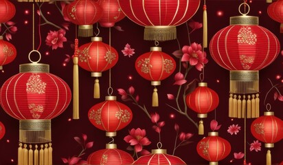 A vibrant pattern of red Chinese lanterns and delicate pink blossoms against a deep black background.