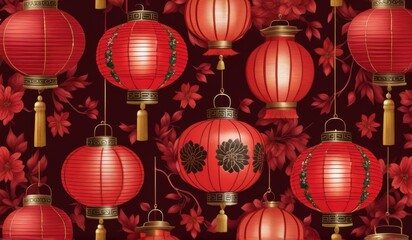 A vibrant pattern of red Chinese lanterns and delicate pink blossoms against a deep black background.