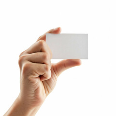 Obraz premium closeup of hand holding blank white card isolated on white background