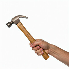 closeup of a hand holding a  rusty hammer with a wooden handle on a white background